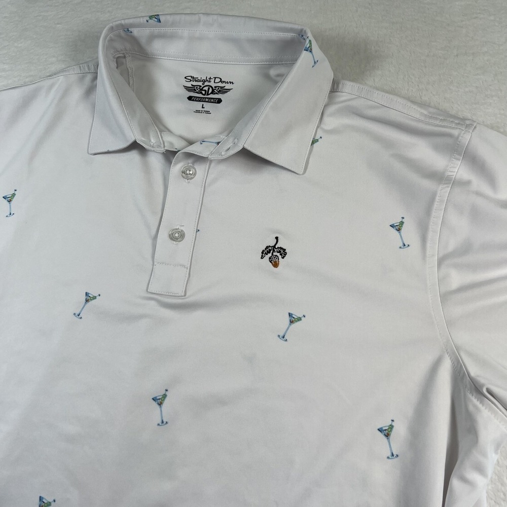 Straight Down Polo Shirt Mens Large White Martini Glass Golf Performance‎ Jersey